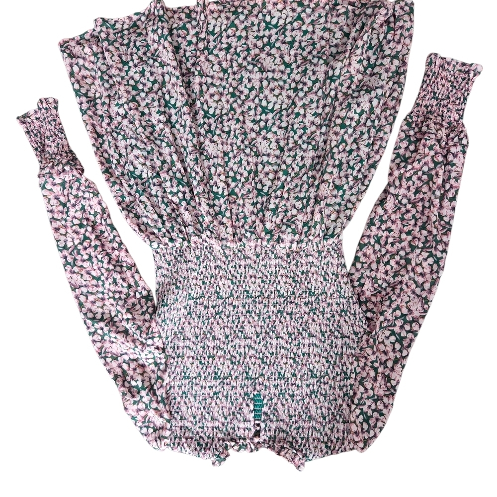 Lulus Floral Forever Green Pink Floral Fairy Cottage Smocked Skater Dress M - Picture 6 of 6